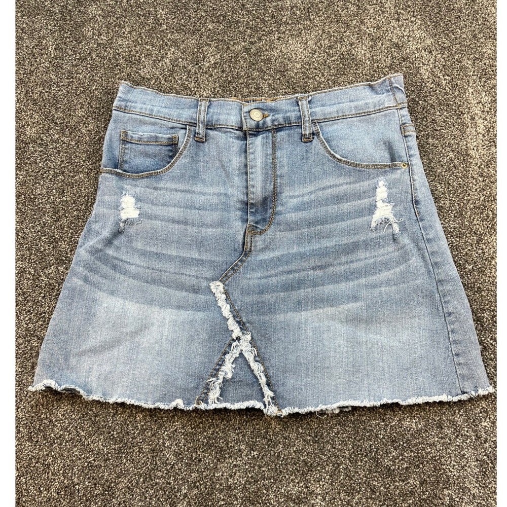 Hippie Girl Distressed Denim Mini Skirt Raw Hem Women's Size 14 Light Wash